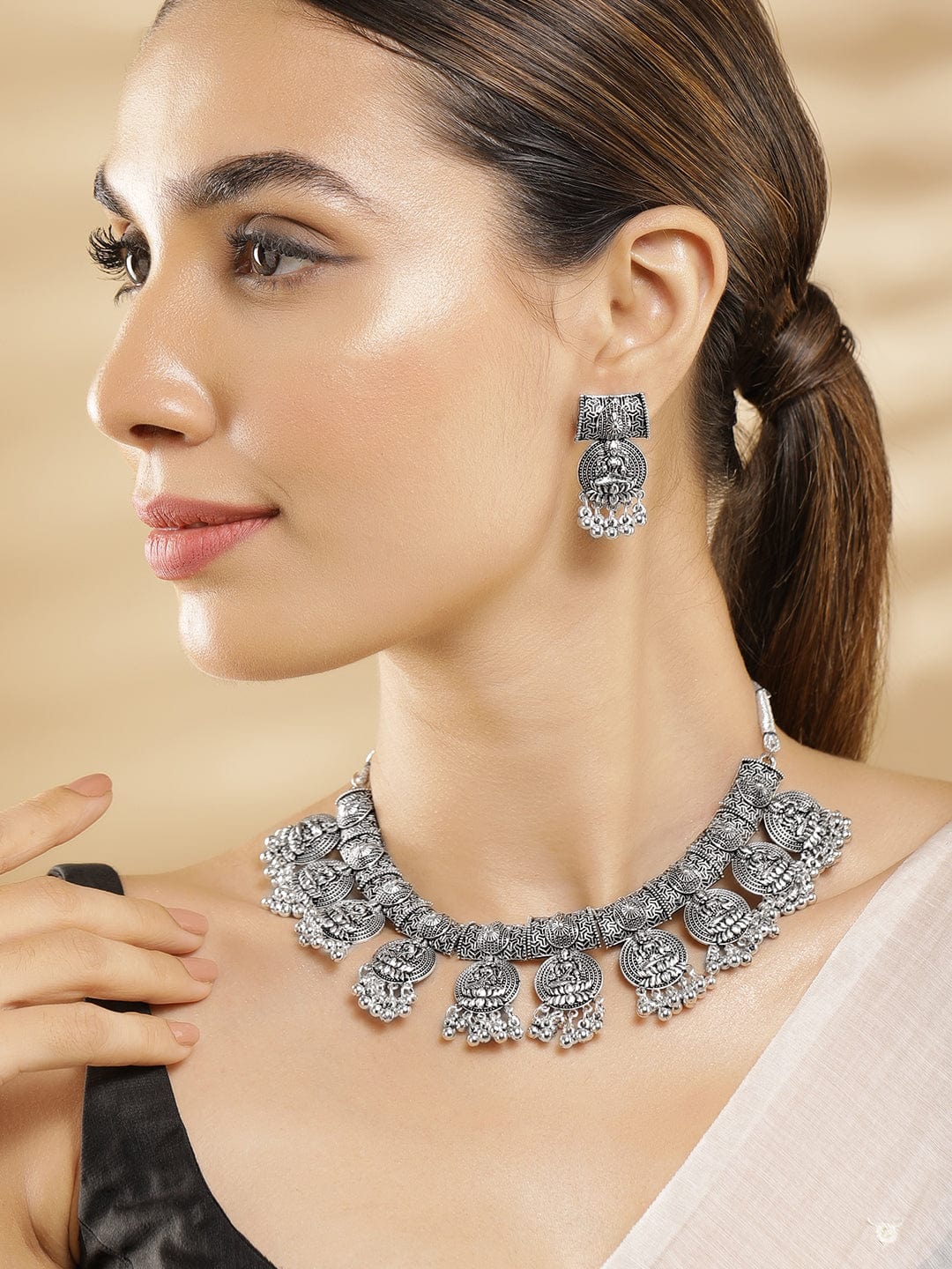 Oxidized Silver-Plated Traditional Goddess Lakshmi Coin Necklace Set with Beads