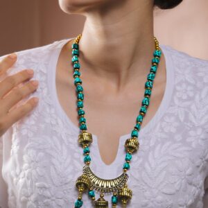Oxidized Silver-Plated Tribal Pendant Necklace with Turquoise Blue Beads & Dome Charms - Turquoise Blue