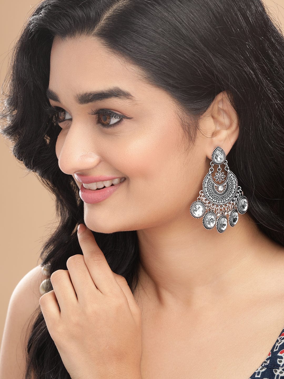 Oxidized Silver-Plated White AD Stone Studded Chandelier Earrings in Silver Tone