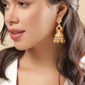 Peacock Gold Jhumka with Matte Finish and Golden Beads Hanging - Gold