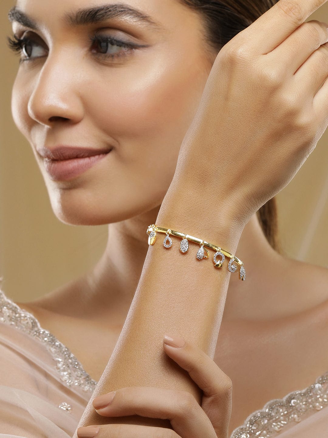 Premium 22K Gold-Plated AD & Zirconia Studded Openable Bangle Style Bracelet with Charms - Gold