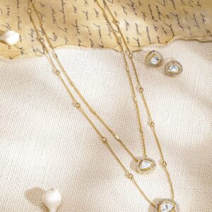 Premium 22K Gold Plated Polki and CZ Studded Double Layered Trendy Necklace Set with Earrings - Gold