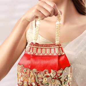 Red Embroidered & Green Border Potli Bag with Pearl Handle & Elephant Motif Details - Red