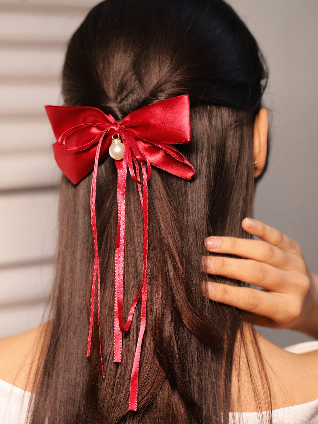 Red Satin Bow Hair Clip with Pearl Drop & Flowing Ribbon Tails – Elegant & Chic - Red