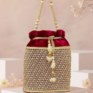 Red Velvet Potli Bag with Pearl Handle, Golden Embroidery & Stone Detailing