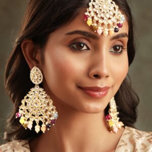 Regal 22k Gold Plated Kundan Multi-color Pearl Beaded Jewelry Set - Gold