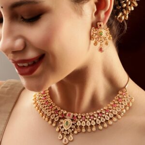 Regal Gold Tone Temple Necklace Set with Multicolored Stones by - Gold::Multi Color