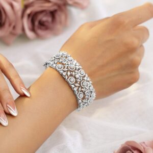 Rhodium-Plated AAA Cubic Zirconia Studded Floral Design Luxe Openable Bracelet - Silver