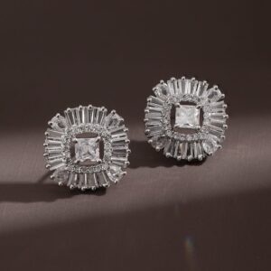 Rhodium-Plated AAA Cubic Zirconia Studded Geometric Stud Earrings