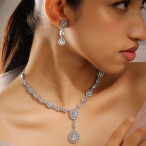 Rhodium-Plated AAA Cubic Zirconia Studded Teardrop & Halo Design Luxe Statement Necklace Set in Silver Tone for Women