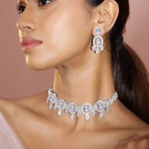 Rhodium-Plated AAA White Cubic Zirconia Studded Choker Jewellery Set for Women