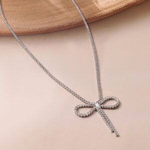 Rhodium Plated AD & Cubic Zirconia Studded Bow Design Statement Necklace
