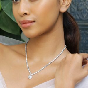 Rhodium-Plated AD & Cubic Zirconia Studded Heart Pendant Necklace - Silver