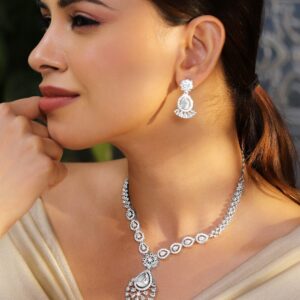 Rhodium-Plated AD & Cubic Zirconia Studded Statement Necklace Set - Silver