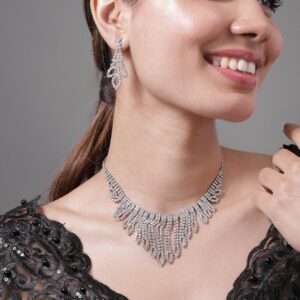 Rhodium Plated AD & Cubic Zirconia Studded Statement Necklace Set with Droplet Design - Silver Plated