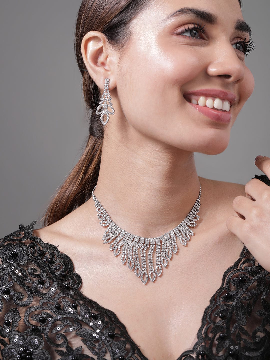 Rhodium Plated AD & Cubic Zirconia Studded Statement Necklace Set with Droplet Design - Silver Plated