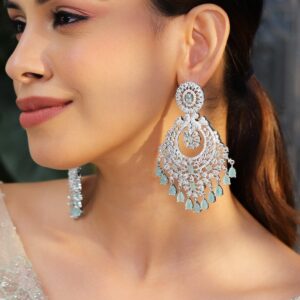 Rhodium-Plated AD & Mint Green Cubic Zirconia Studded Chandelier Earrings - silver