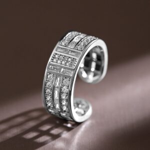 Rhodium-Plated Adjustable Openable Ring with Baguette & Pavé Cubic Zirconia - Silver