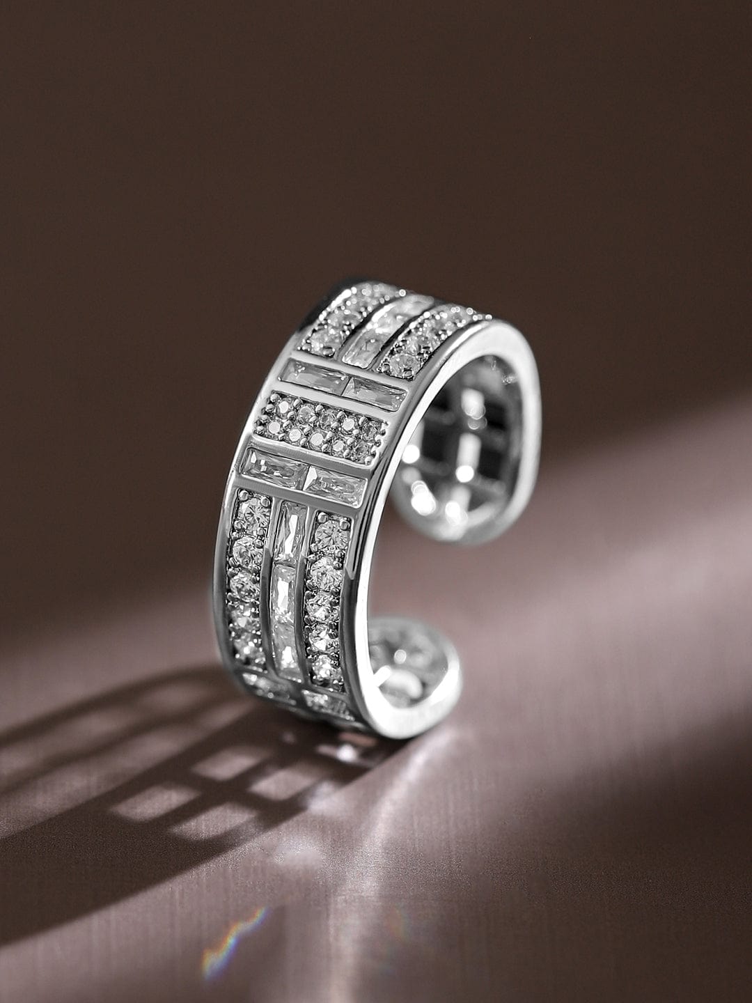 Rhodium-Plated Adjustable Openable Ring with Baguette & Pavé Cubic Zirconia - Silver