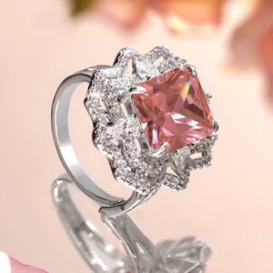 Rhodium-Plated Crystal Pink Stone & Cubic Zirconia Statement Adjustable Ring