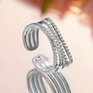 Rhodium Plated Adjustable Triple Row Crystal-Studded Open Statement Ring