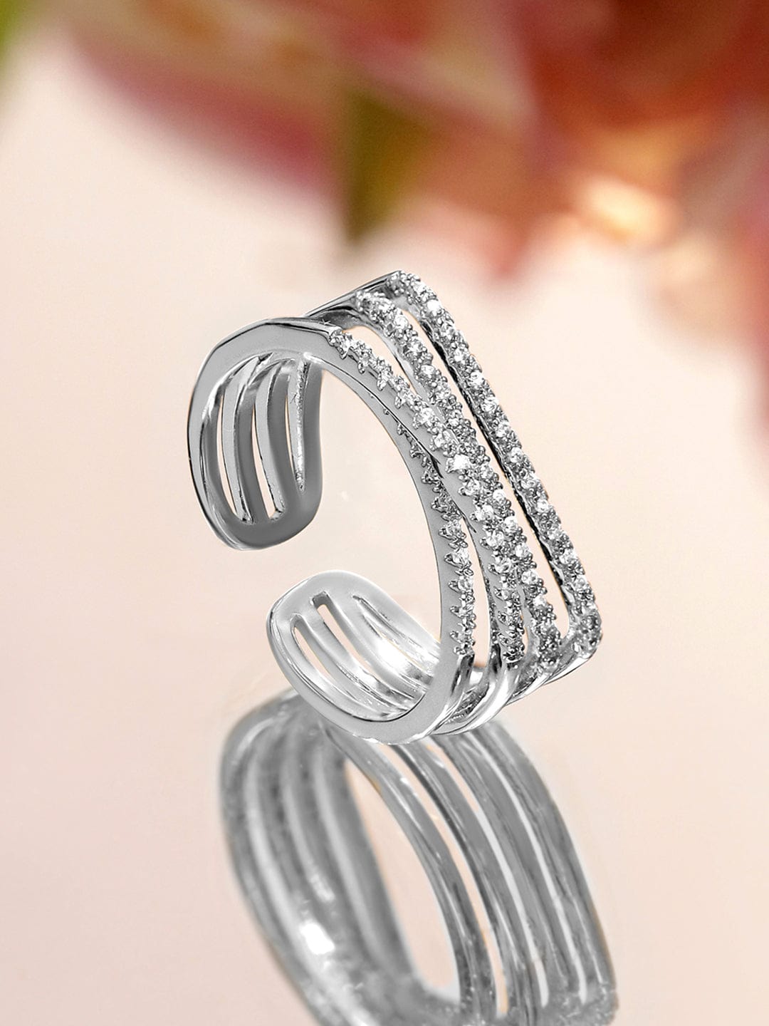 Rhodium Plated Adjustable Triple Row Crystal-Studded Open Statement Ring
