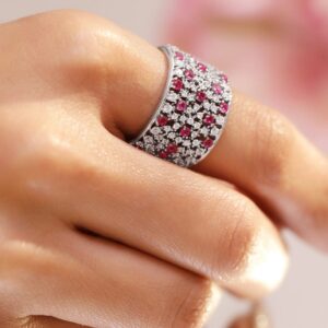 Rhodium-Plated Adjustable Wide Band Ring with Ruby Red & White Cubic Zirconia Stones