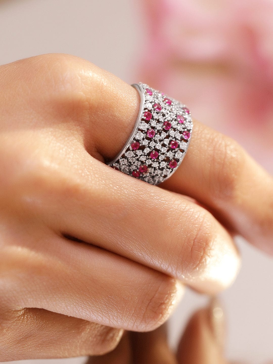 Rhodium-Plated Adjustable Wide Band Ring with Ruby Red & White Cubic Zirconia Stones