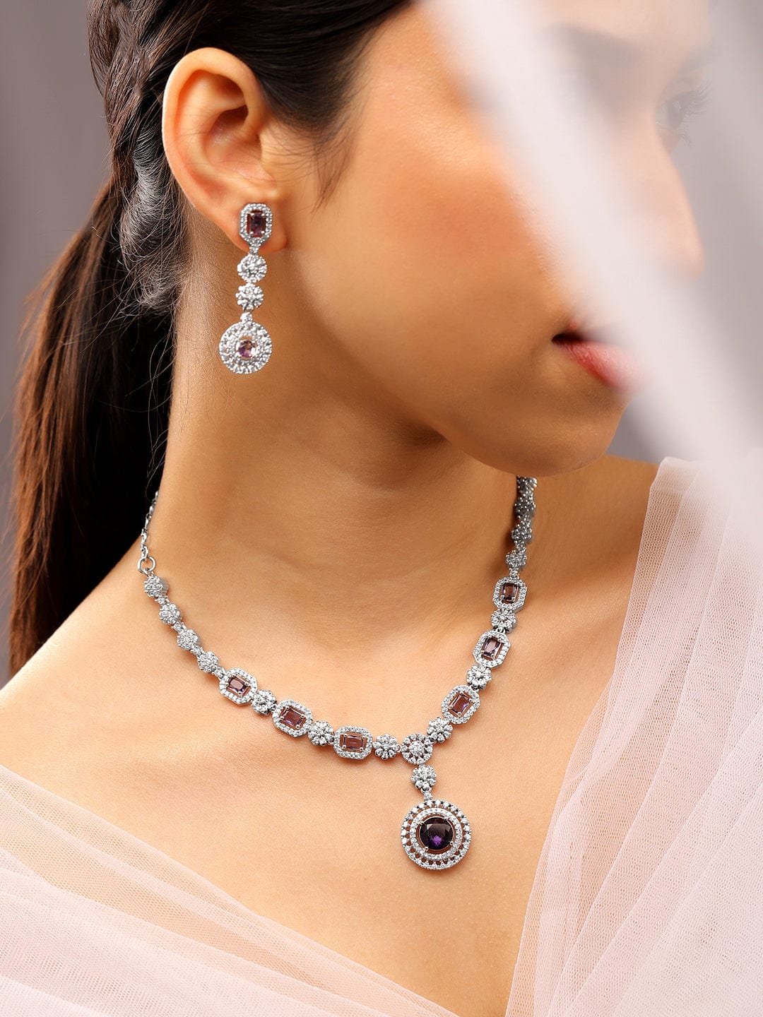 Rhodium-Plated Amethyst Purple & AAA Cubic Zirconia Luxe Necklace Set in Silver Tone for Women