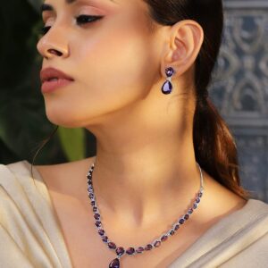 Rhodium-Plated Amethyst Purple AD & Cubic Zirconia Studded Necklace Set - Purple