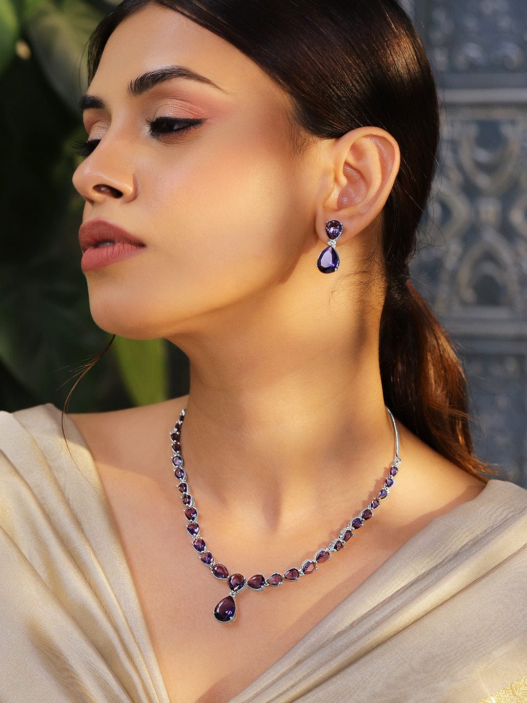 Rhodium-Plated Amethyst Purple AD & Cubic Zirconia Studded Necklace Set - Purple