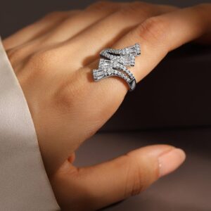 Rhodium-Plated Baguette & Cubic Zirconia Studded Adjustable Openable Statement Ring - Silver