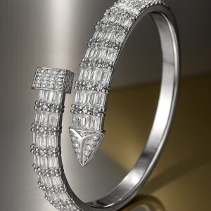 Rhodium-Plated Baguette-Cut Cubic Zirconia Openable Serphant Bracelet - Silver