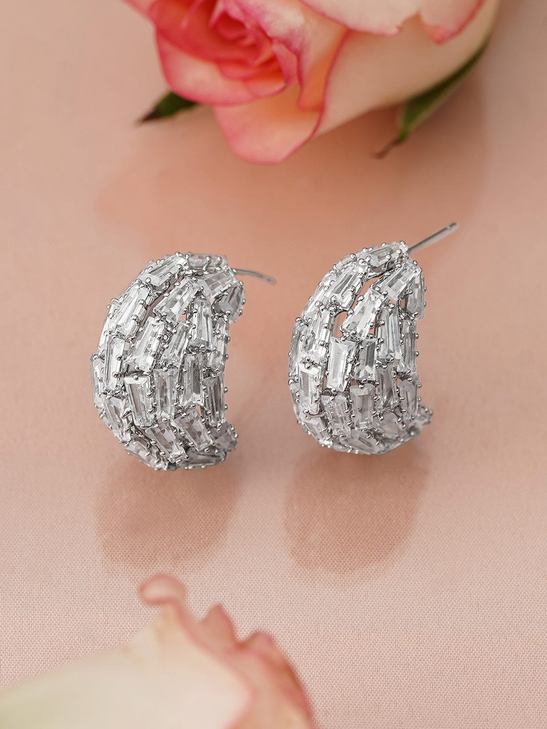 Rhodium-Plated Baguette-Cut Cubic Zirconia Statement Half Hoop Earrings