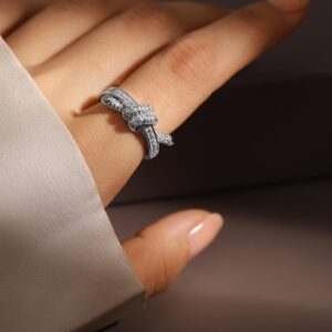 Rhodium-Plated Baguette & Pavé Cubic Zirconia Studded Knot Design Openable Ring - Silver
