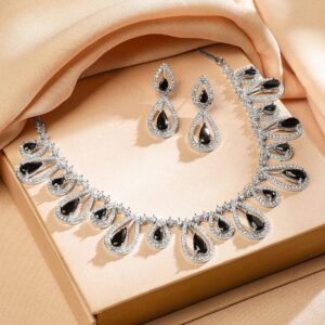Rhodium Plated Black AD & White Cubic Zirconia Studded Teardrop Design Premium Jewellery Set - Black