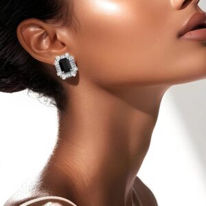 Rhodium-Plated Black Onyx & Cubic Zirconia Studded Statement Studs Earrings - Black