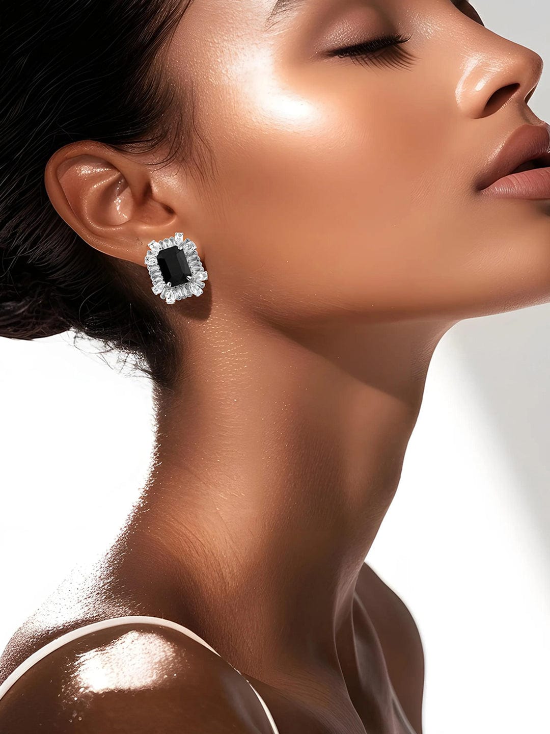 Rhodium-Plated Black Onyx & Cubic Zirconia Studded Statement Studs Earrings - Black