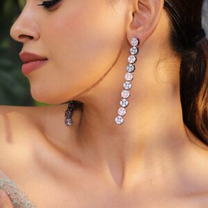 Rhodium-Plated Black-Tone Pastel Pink & White Cubic Zirconia Studded Drop Earrings - Pastel Pink