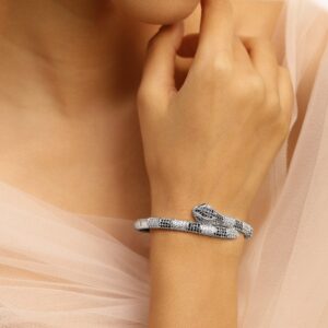 Rhodium-Plated Black & White Cubic Zirconia Snake Design Openable Demi-Fine Bracelet - Silver