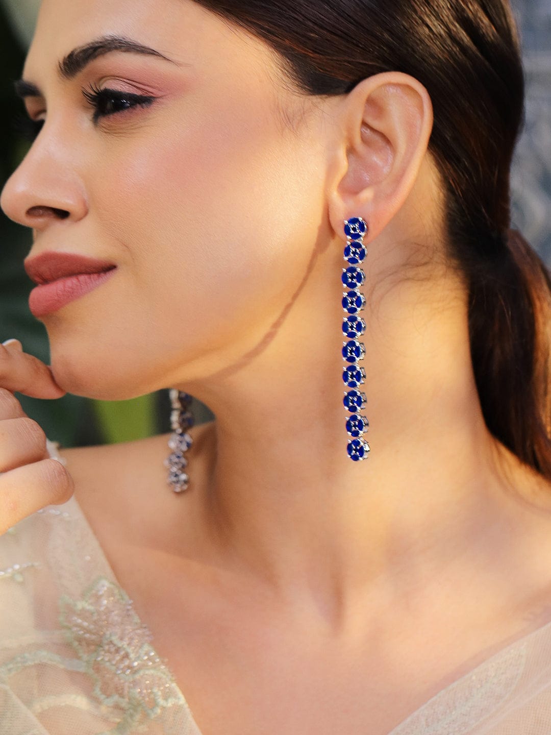 Rhodium-Plated Blue Cubic Zirconia Studded Drop Earrings - Blue