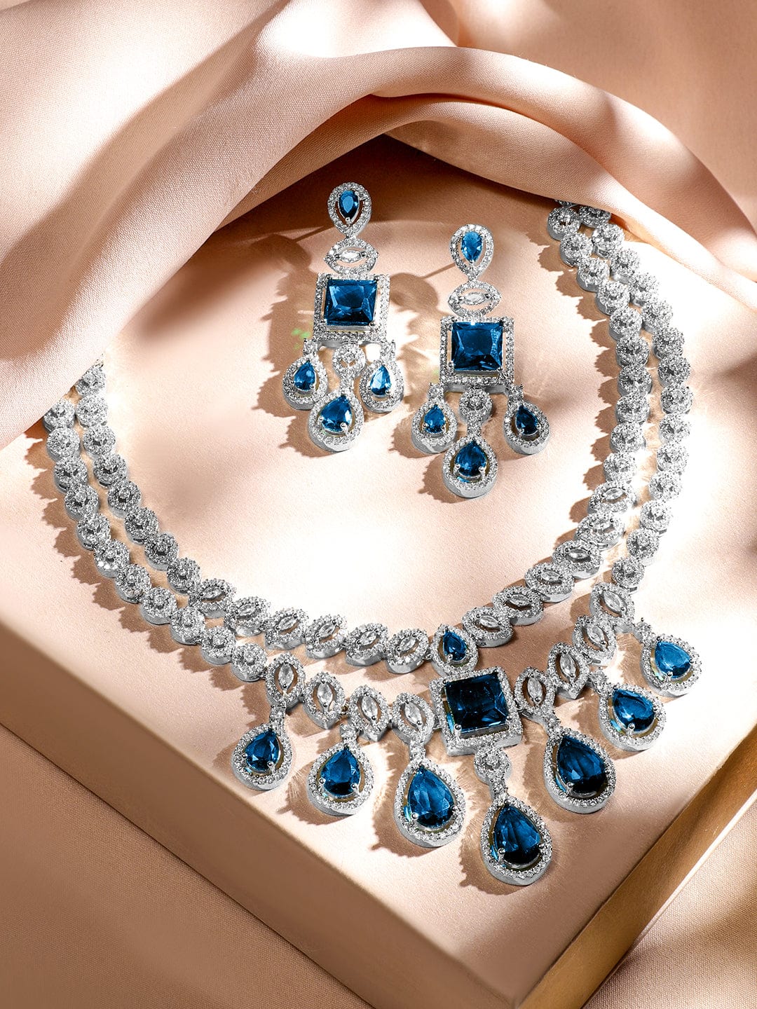 Rhodium-Plated Blue Sapphire & AAA Cubic Zirconia Luxe Statement Jewellery Set in Silver Tone for Women