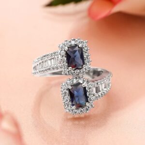 Rhodium-Plated Blue Sapphire & Cubic Zirconia Studded Adjustable Finger