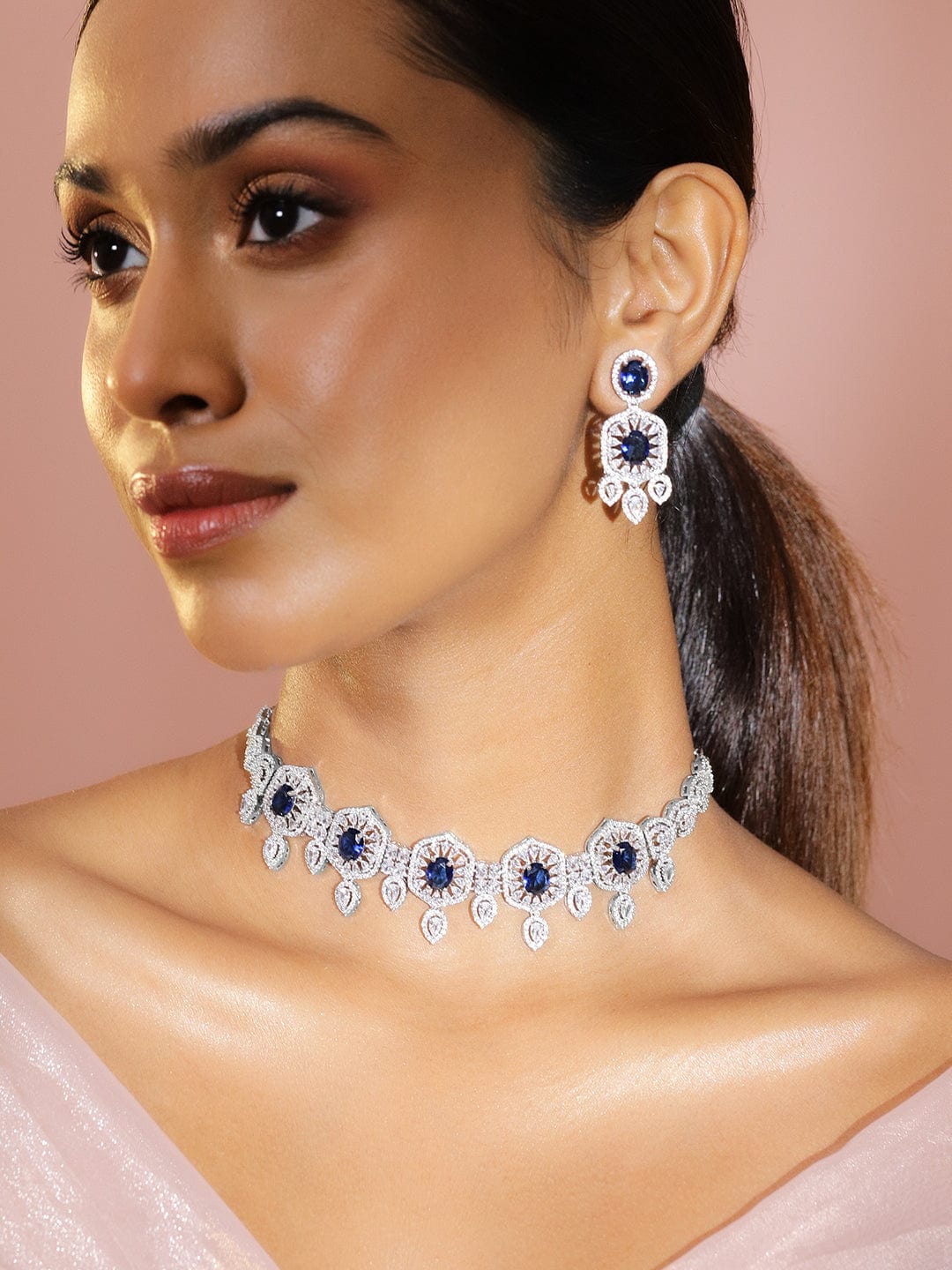 Rhodium-Plated Blue Sapphire & Cubic Zirconia Studded Choker Jewellery Set for Women