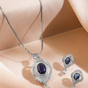 Rhodium-Plated Blue Sapphire & Cubic Zirconia Studded Oval Statement Pendant Necklace Set