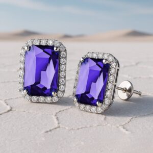 Rhodium-Plated Blue Sapphire & Cubic Zirconia Studded Statement Studs Earrings - Blue