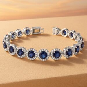 Rhodium-Plated Blue Sapphire & Cubic Zirconia Studded Tennis Bracelet - Blue