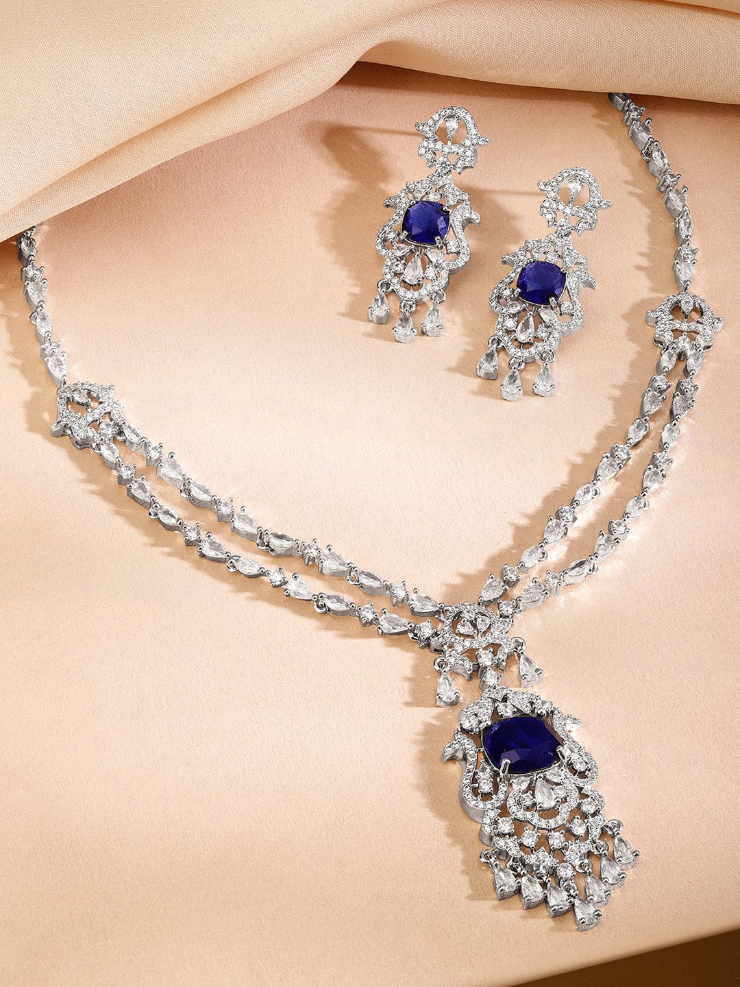 Rhodium-Plated Blue Sapphire & White AAA Cubic Zirconia Statement Jewellery Set