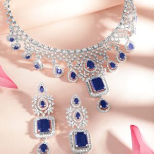 Rhodium-Plated Blue Sapphire & White Cubic Zirconia Handcrafted Premium Jewellery Set