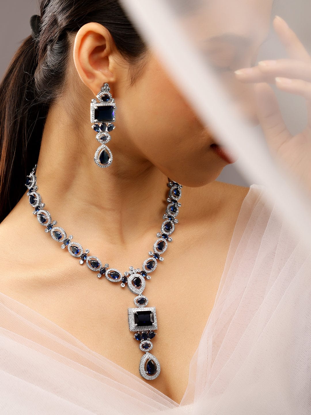 Rhodium-Plated Blue Sapphire & White Cubic Zirconia Studded Luxe Jewellery Set - Blue